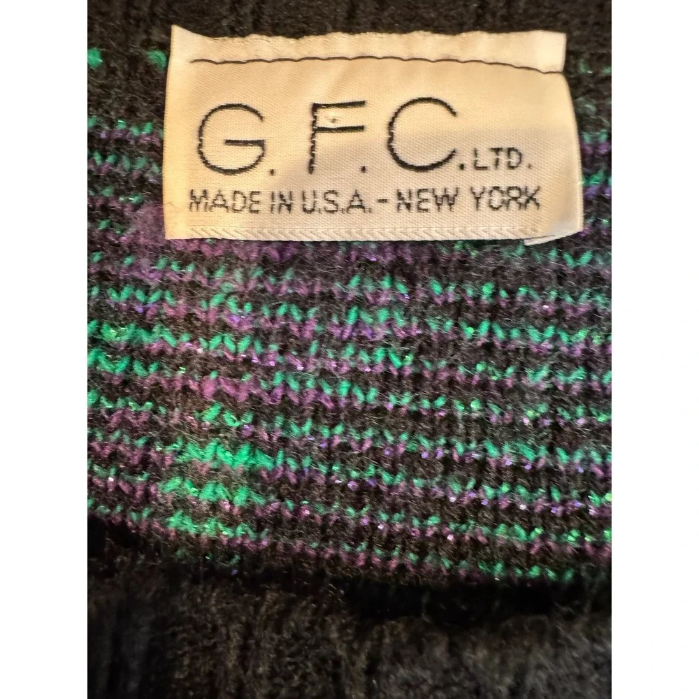 Vtg Black Purple Green Floral Knit Sweater 80s Vintage Women's Size M GFC‎ Inc